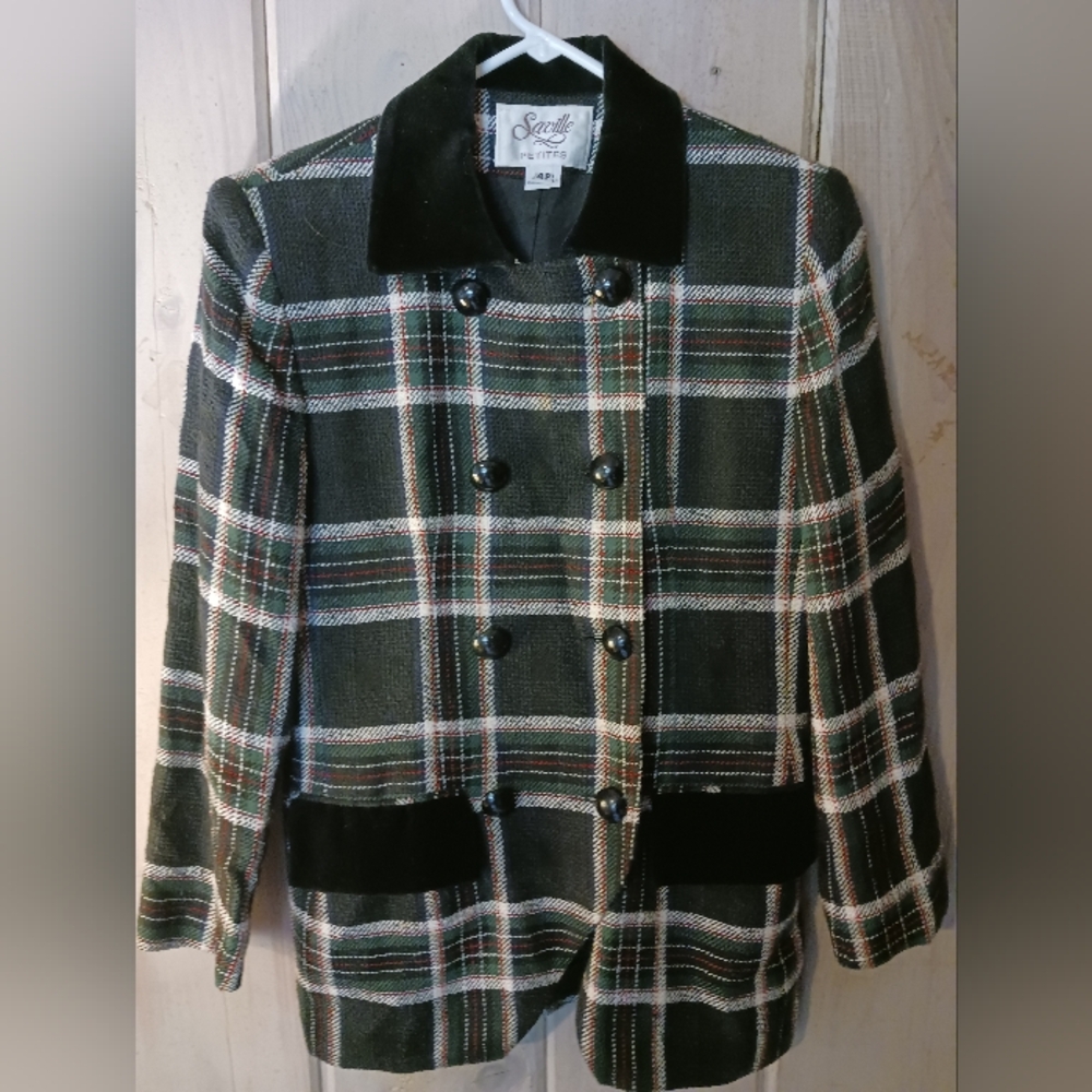 Vintage SavilleWomen's Black and Green Plaid Double Breasted Blazer Size 4P